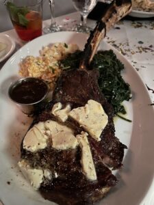 Long Bone Cowboy Steak at Nick & Sam's in Dallas TX for birthday dinner celebration 